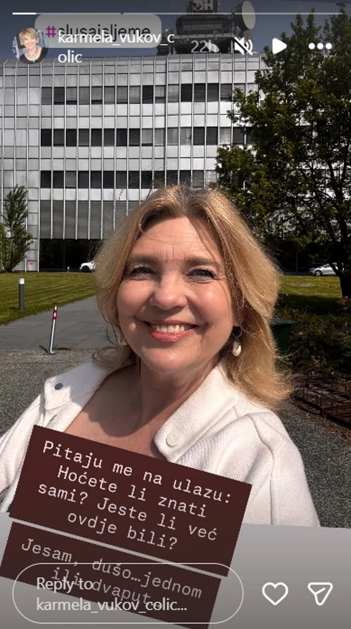 Snimka zaslona s Instagrama osobe ispred zgrade HRT-a s tekstom