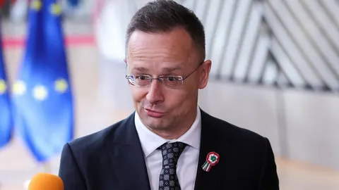 Péter Szijjártó s naočalama u tamnom odijelu ispred zastave EU