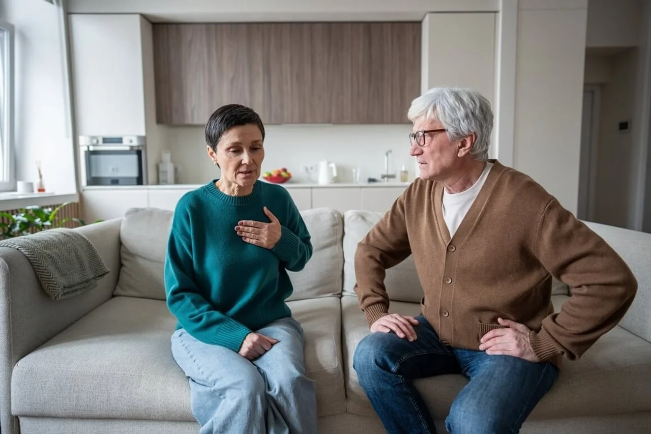 Stariji par sjedi na kauču dok žena pokazuje nelagodu u prsima
