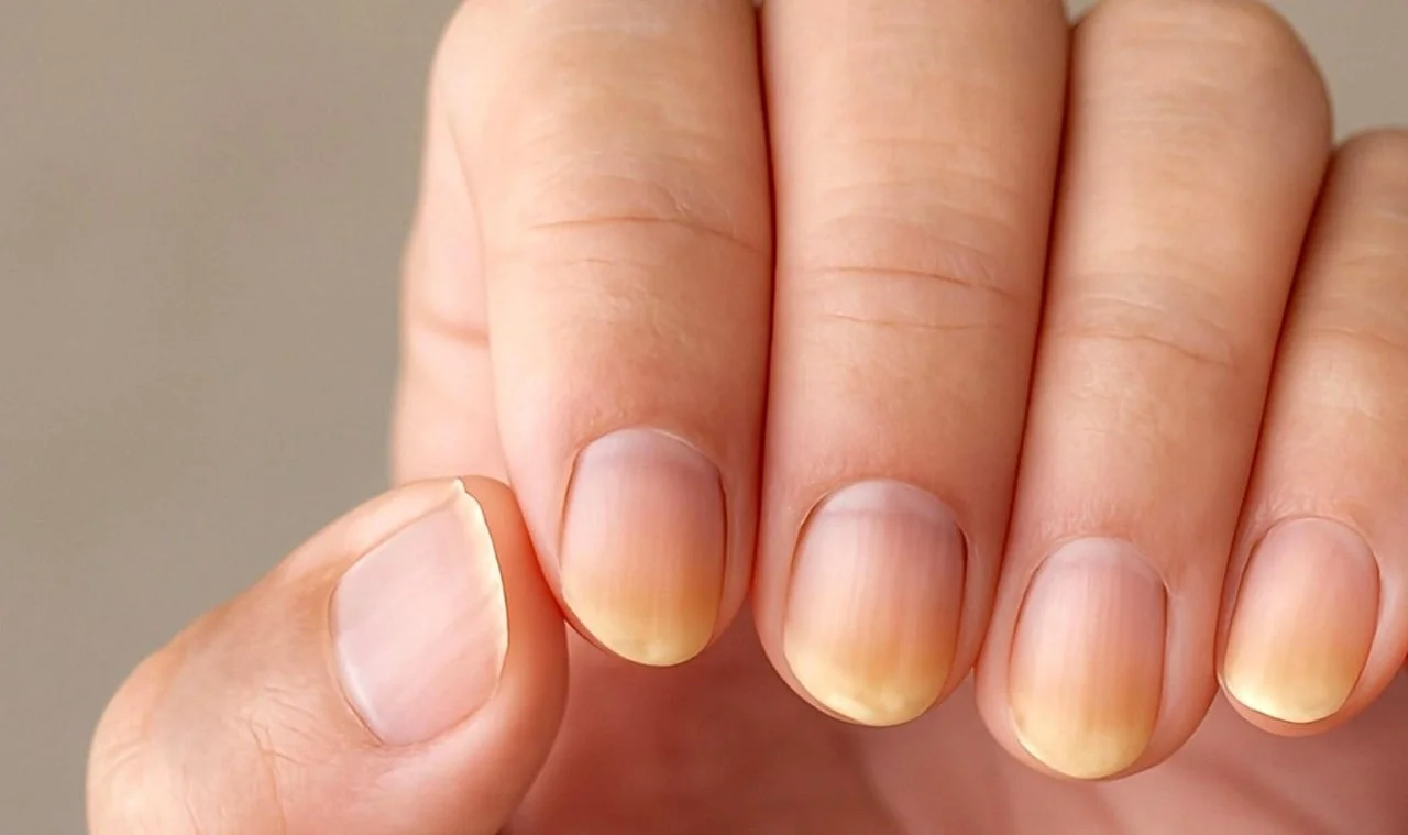 Prirodni nokti s vidljivim žućkastim mrljama i diskoloracijom