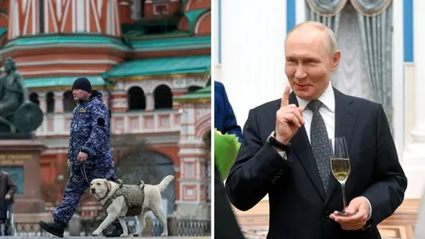 Ruski policajac sa psom na Crvenom trgu i Vladimir Putin s čašom šampanjca