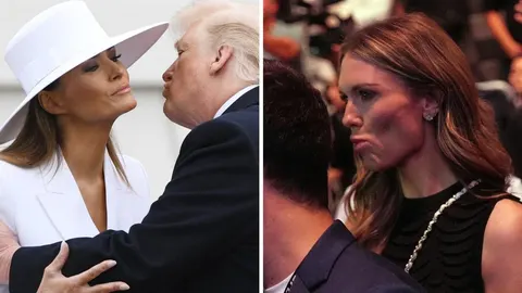 Melania Trump u bijelom odijelu i Donald Trump u poljupcu te profil Lare Trump