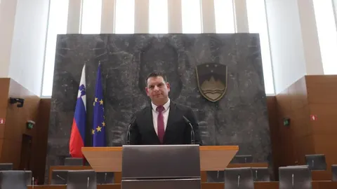 Zoran Stevanović stoji za govornicom u slovenskom parlamentu ispred zastava.