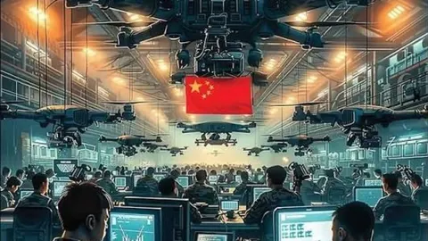 Moderni kontrolni centar s kineskom zastavom i vojnim dronovima iznad operatera.