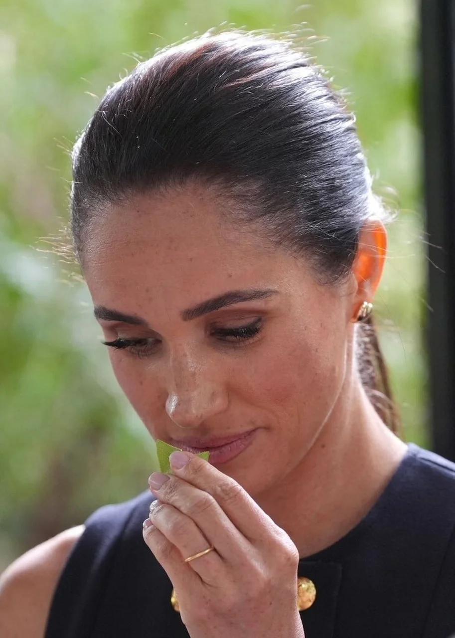 Meghan Markle gleda prema dolje i drži mali zeleni list