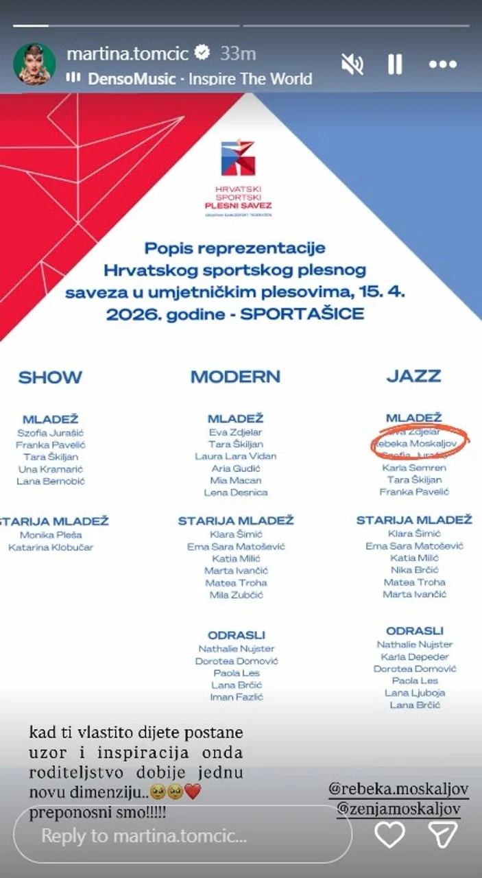 Snimka zaslona Instagram objave s popisom hrvatske plesne reprezentacije