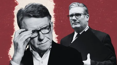 Kolaž fotografija Keira Starmera i Petera Mandelsona na crvenoj pozadini.