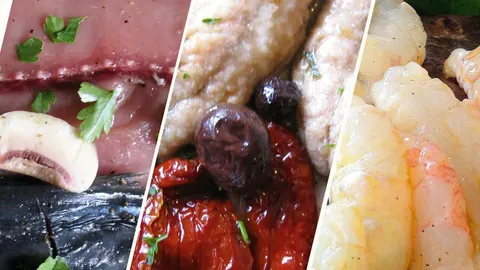 Kolaž morskih plodova s ribom, maslinama i škampima