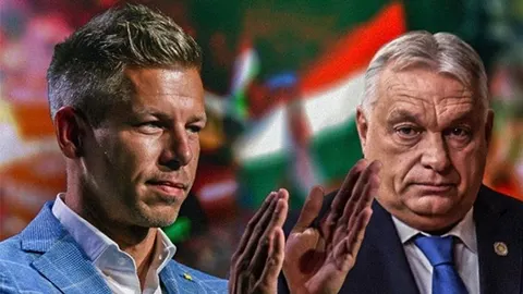 Peter Magyar i Viktor Orban prikazani u krupnom planu ispred zastave.