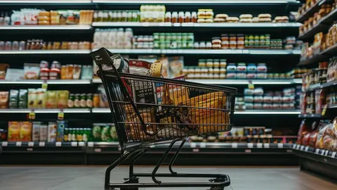 Metalna kolica za kupovinu ispred polica s prehrambenim proizvodima u trgovini.