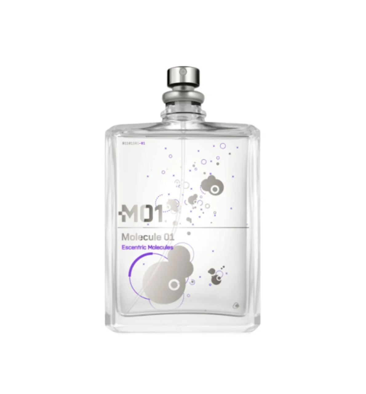 Prozirna bočica parfema Molecule 01 brenda Escentric Molecules na bijeloj pozadini.