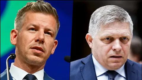 Portreti Petera Magyara i Roberta Fica prikazani jedan do drugoga na podijeljenom ekranu.