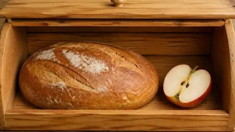 Svježi kruh i polovica jabuke u drvenoj kutiji za kruh