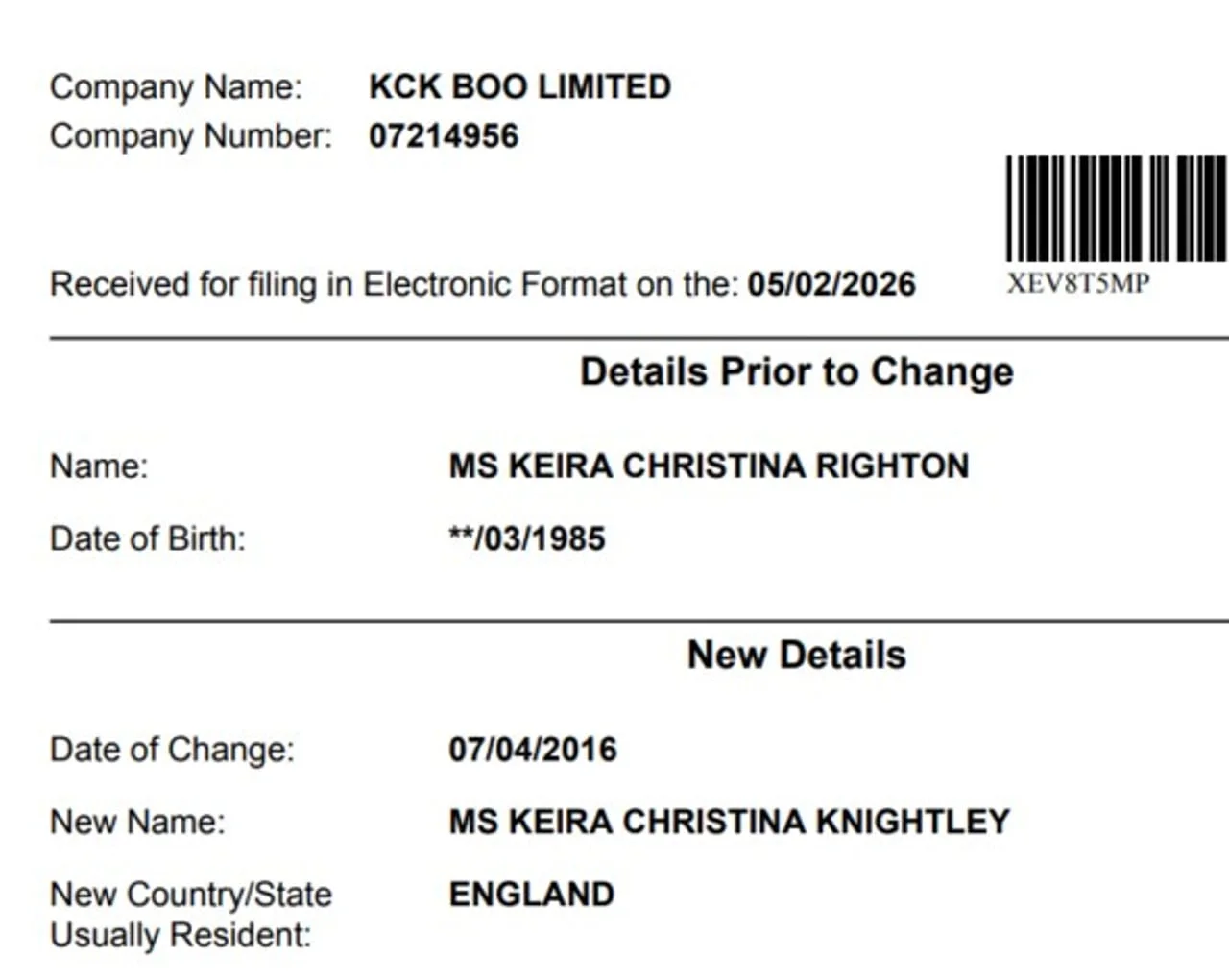 Službeni dokument o promjeni prezimena iz Righton u Knightley