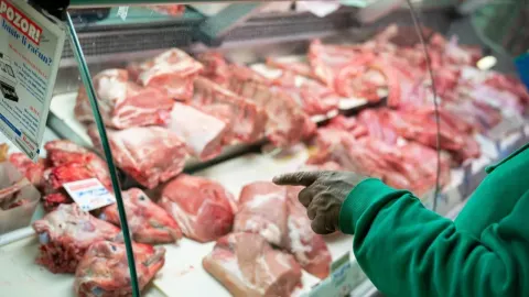 Razni komadi svježeg crvenog mesa izloženi u staklenoj vitrini mesnice.