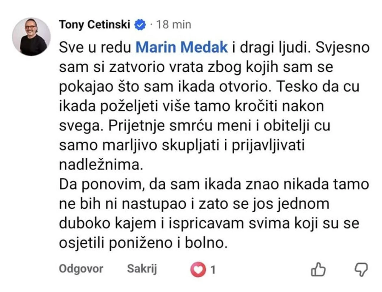 Snimka zaslona objave Tonyja Cetinskog na društvenoj mreži o prijetnjama obitelji