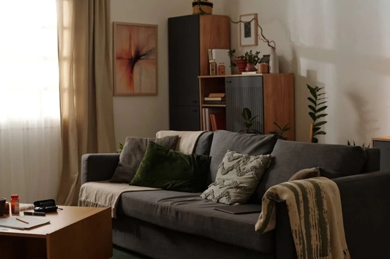 Dnevni boravak s tamnim kaučem, jastucima i drvenim ormarima.