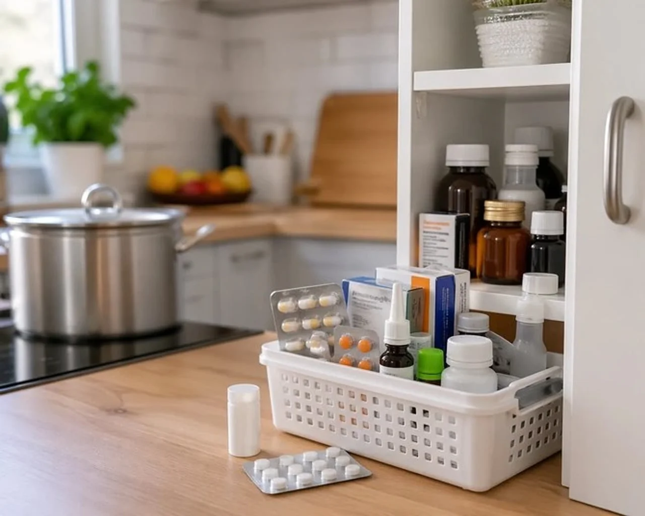 Bijela košara puna lijekova i bočica na kuhinjskoj radnoj plohi.