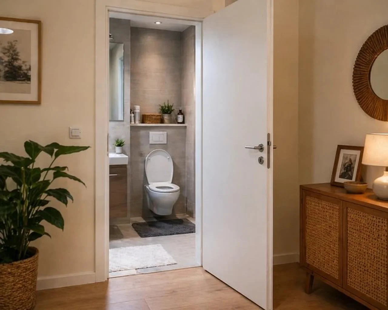 Pogled kroz otvorena vrata na osvijetljenu modernu kupaonicu.