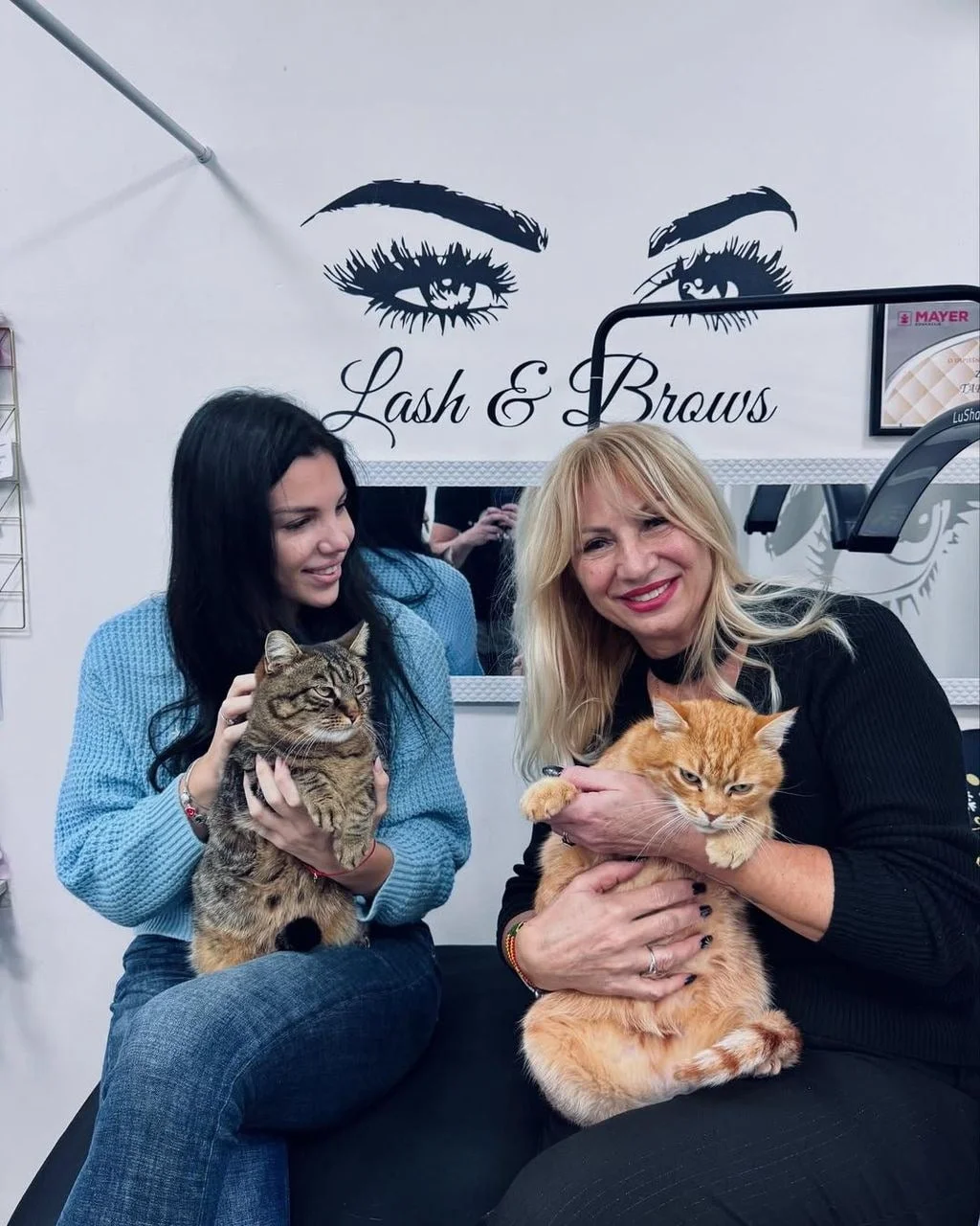 Dvije žene u salonu drže mačke u naručju i smiju se