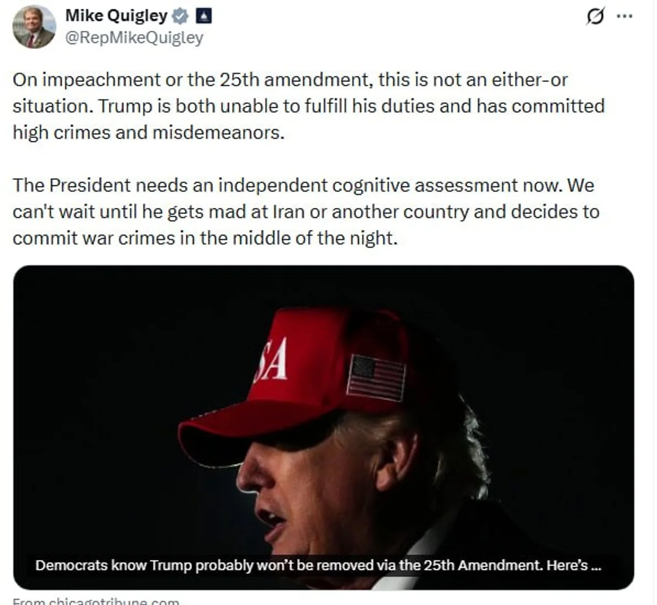 Snimka zaslona objave Mikea Quigleya na društvenoj mreži X o opozivu.