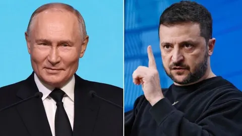 Portreti Vladimira Putina i Volodimira Zelenskog postavljeni jedan uz drugoga.