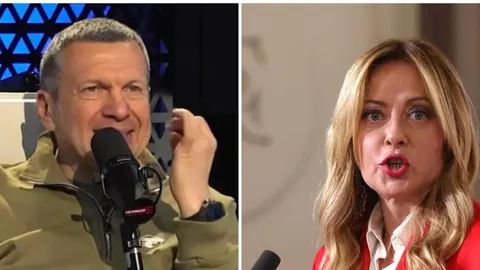 Kolaž fotografija Vladimira Solovjova i Giorgije Meloni tijekom govora.