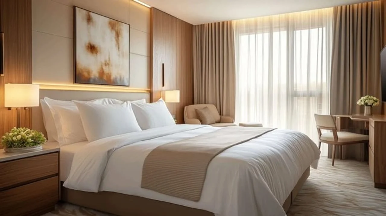 Moderna i uredna spavaća soba s drvenim detaljima i krevetom uz zid.