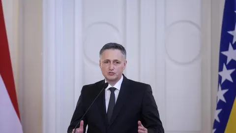 Denis Bećirović u tamnom odijelu govori za govornicom ispred zastava.