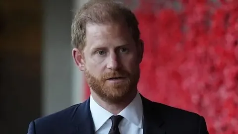 Portret princa Harryja u tamnom odijelu s crvenom pozadinom.