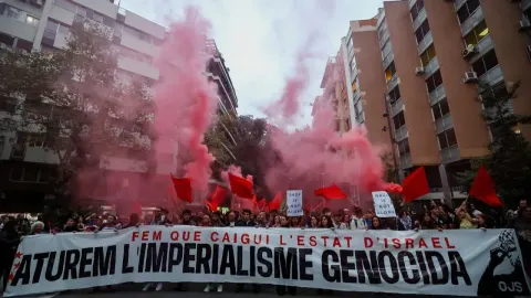 Prosvjednici s transparentima i crvenim dimnim bombama na ulici