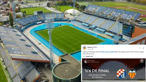 Stadion Maksimir iz zraka s kolažom objave Valencije o utakmici s Dinamom