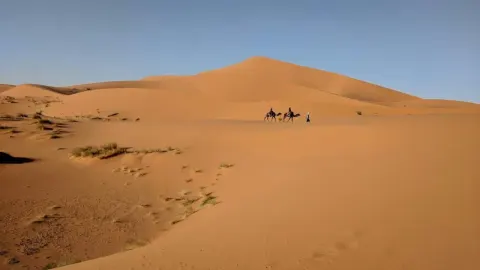 Pješčane dine pustinje Taklamakan s karavanom deva u daljini pod vedrim nebom.