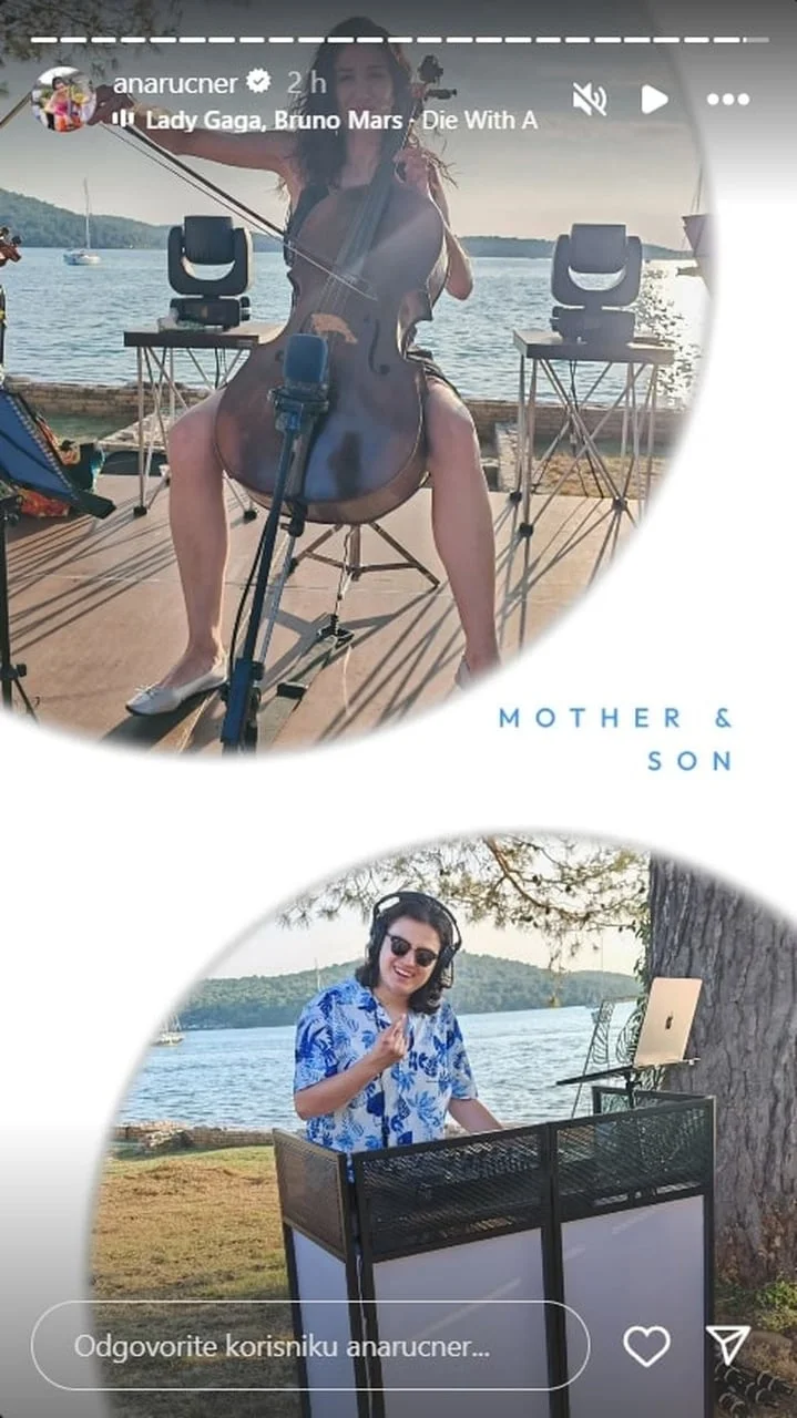 Kolaž fotografija Ane Rucner s violončelom i Dariana kao DJ-a pored mora