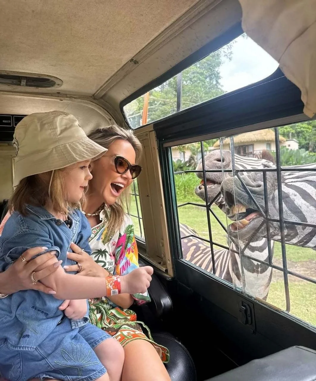 Maja Šuput i sin promatraju zebre iz safari vozila