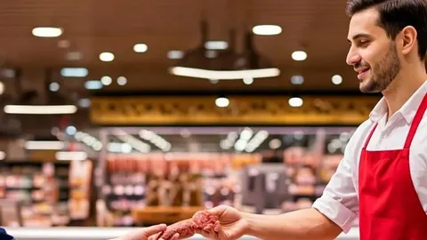 Mesar u crvenoj pregači uslužuje kupca u modernoj trgovini.