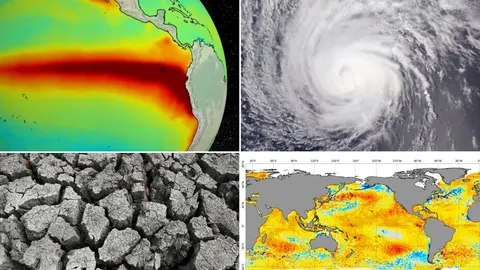 Kolaž satelitskih snimaka temperature oceana, uragana i suhe zemlje