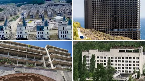 Kolaž četiri fotografije napuštenih zgrada i betonskih konstrukcija