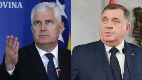 Dragan Čović i Milorad Dodik u službenim odijelima govore na konferencijama
