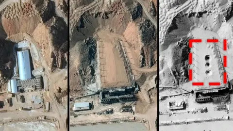 Tri satelitske snimke iranskog postrojenja Taleghan 2 prije i nakon udara.
