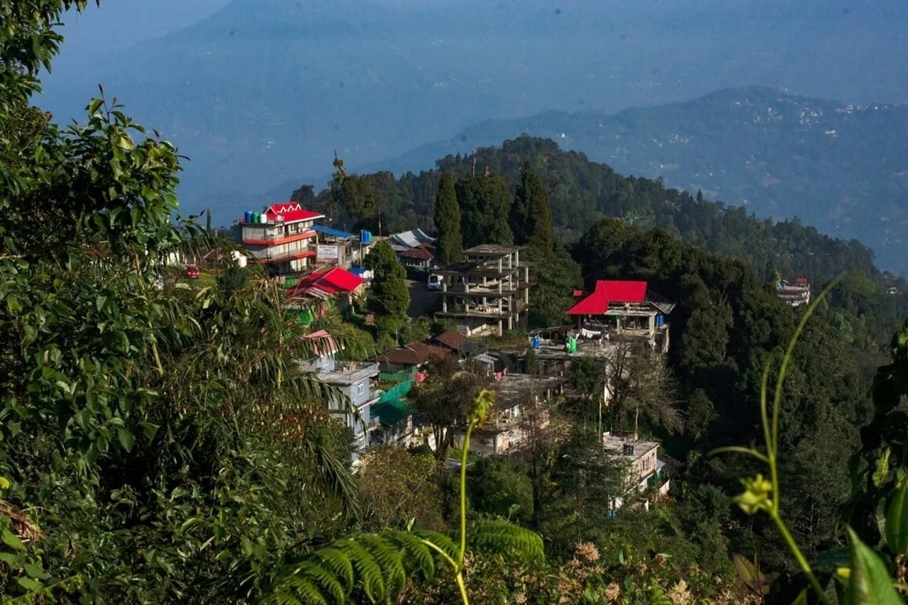 Planinsko selo s crvenim krovovima okruženo gustom zelenom šumom