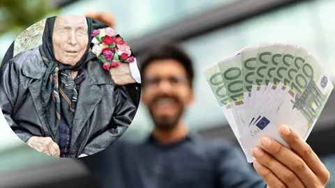Kolaž s portretom Babe Vange i ruke koja drži šepak novčanica od 100 eura