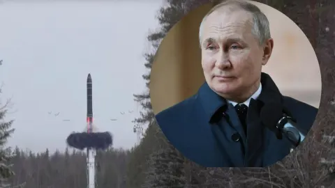 Kolaž Vladimira Putina i lansiranja balističke rakete iz šumovite baze u snježnim uvjetima.