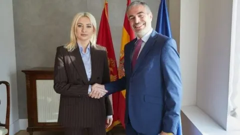Maida Gorčević i diplomat se rukuju ispred zastava tijekom službenog posjeta.